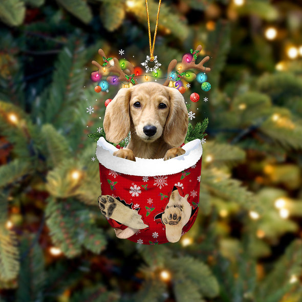 CREAM Lng haired Dachshund In Snow Pocket Christmas Ornament