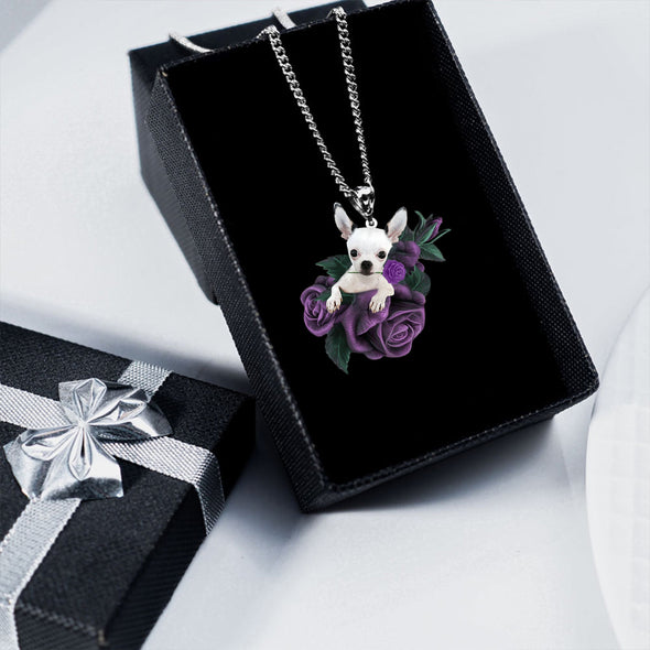 Chihuahua 2 In Purple Rose Stainless Steel Necklace