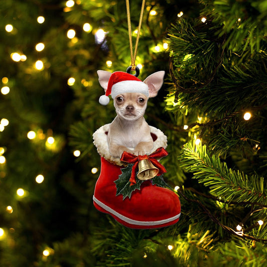 CHIHUAHUA-IN SANTA BOOT CHRISTMAS-TWO SIDED ORNAMENT