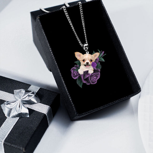 Chihuahua In Purple Rose Stainless Steel Necklace