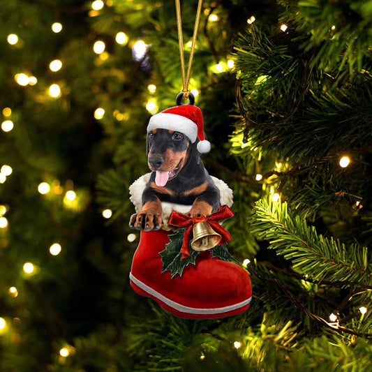 DOBERMAN PINSCHER-IN SANTA BOOT CHRISTMAS-TWO SIDED ORNAMENT