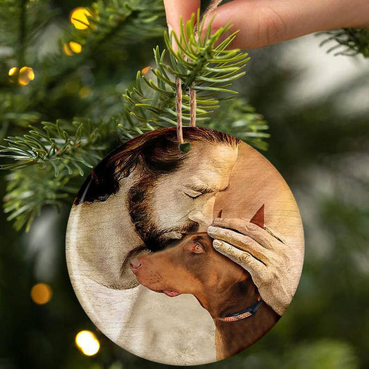 Dobermann mit Jesus-Porzellan/Keramik-Ornament 