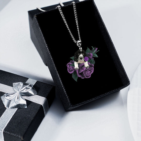 English Springer Spaniel003 In Purple Rose Stainless Steel Necklace