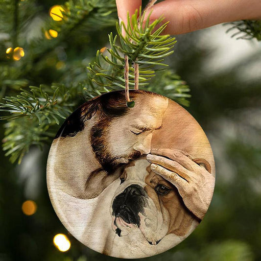 Englische Bulldogge mit Jesus-Porzellan/Keramik-Ornament 