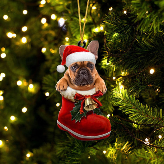 FRENCH BULLDOG-IN SANTA BOOT CHRISTMAS-TWO SIDED ORNAMENT