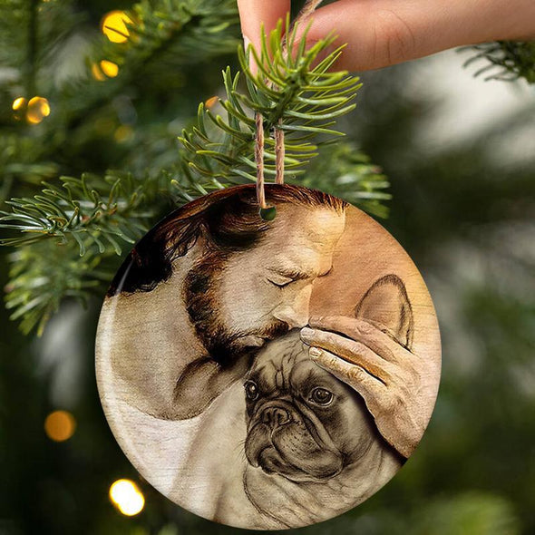 Französische Bulldogge mit Jesus-Porzellan/Keramik-Ornament 