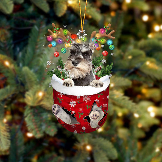 GREY Miniature Schnauzer In Snow Pocket Christmas Ornament