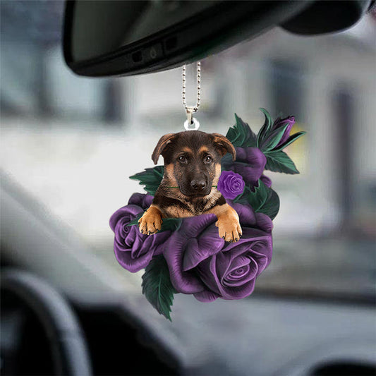 Auto-Hängedekoration „Deutscher Schäferhund 2 in lila Rose“.