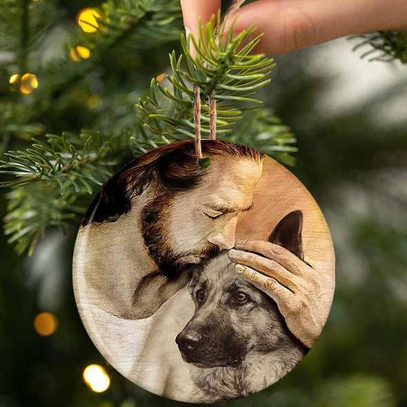 Deutscher Schäferhund mit Jesus-Porzellan/Keramik-Ornament 