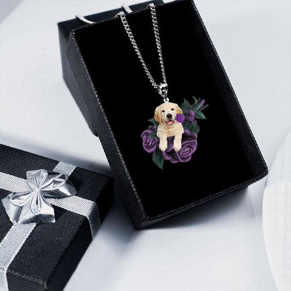 Golden Retriever In Purple Rose Stainless Steel Necklace