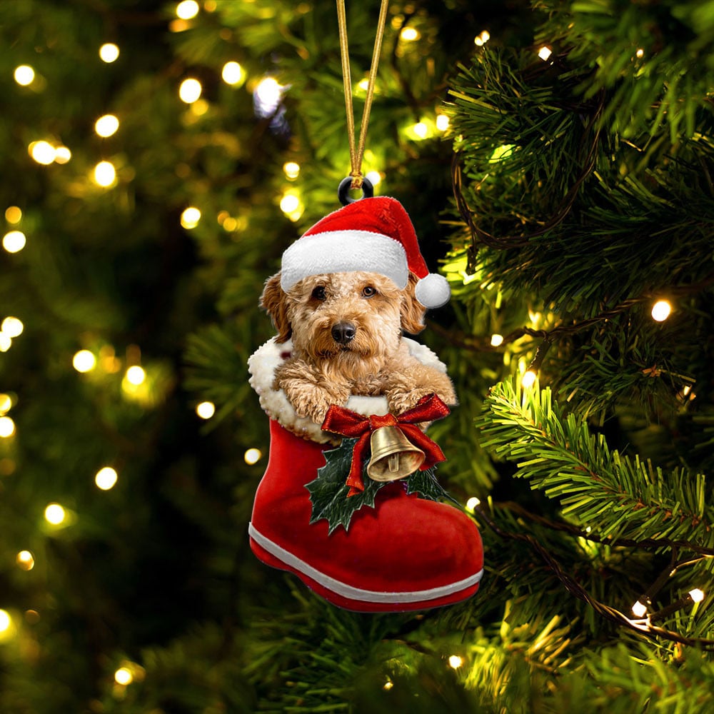 GOLDENDOODLE-IN SANTA BOOT CHRISTMAS-TWO SIDED ORNAMENT