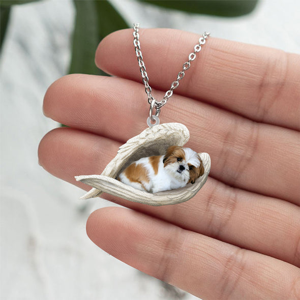 Gold white shih tzu Sleeping Angel Stainless Steel Necklace