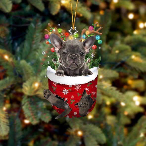 Grey French Bulldog In Snow Pocket Christmas Ornament