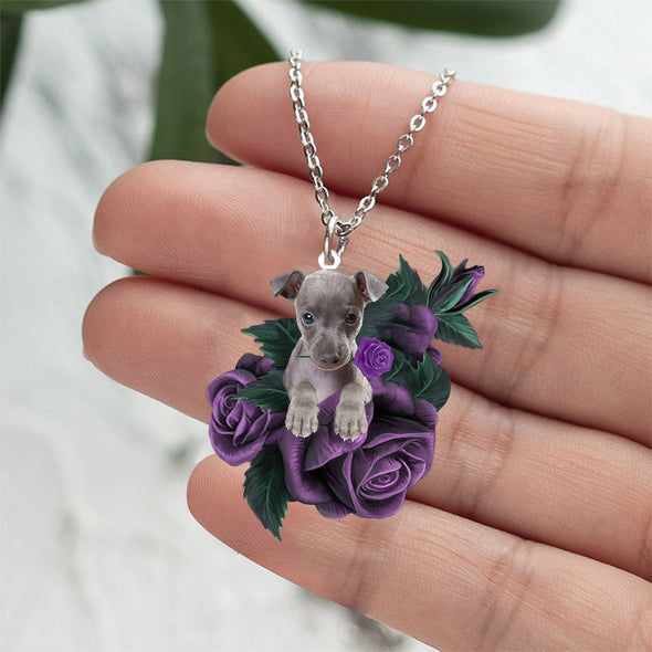 Italian Greyhound In Purple Rose Stainless Steel Necklace