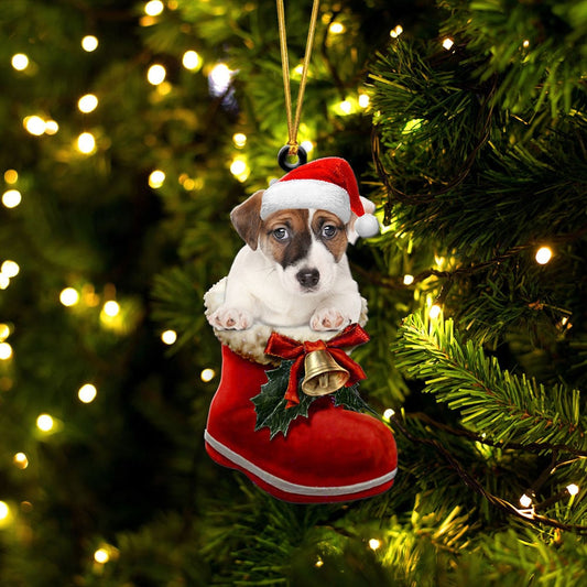 JACK RUSSELL TERRIER-IN SANTA BOOT CHRISTMAS-TWO SIDED ORNAMENT