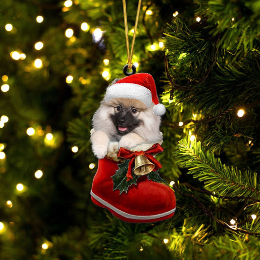 KEESHOUND-IN SANTA BOOT CHRISTMAS-TWO SIDED ORNAMENT