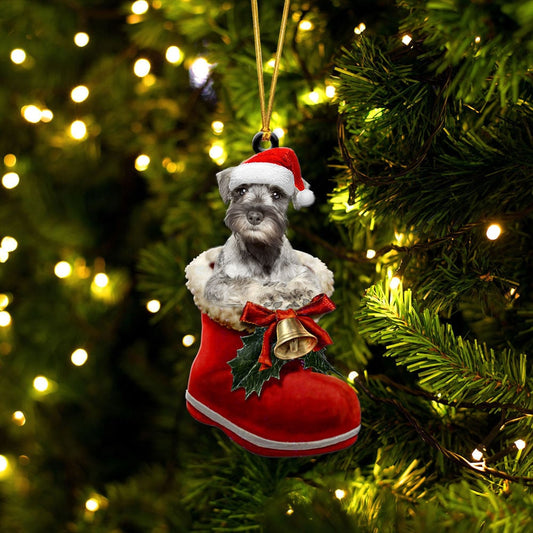 MINIATURE SCHNAUZER-IN SANTA BOOT CHRISTMAS-TWO SIDED ORNAMENT