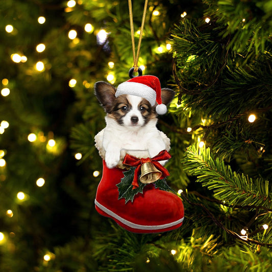 PAPILLON DOG-IN SANTA BOOT CHRISTMAS-TWO SIDED ORNAMENT