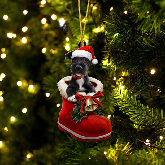 PATTERDALE TERRIER-IN SANTA BOOT CHRISTMAS-TWO SIDED ORNAMENT