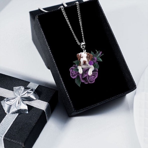 Pit Bull In Purple Rose Stainless Steel Necklace