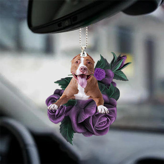 Pitbull In Purple Rose Car Hanging Ornament