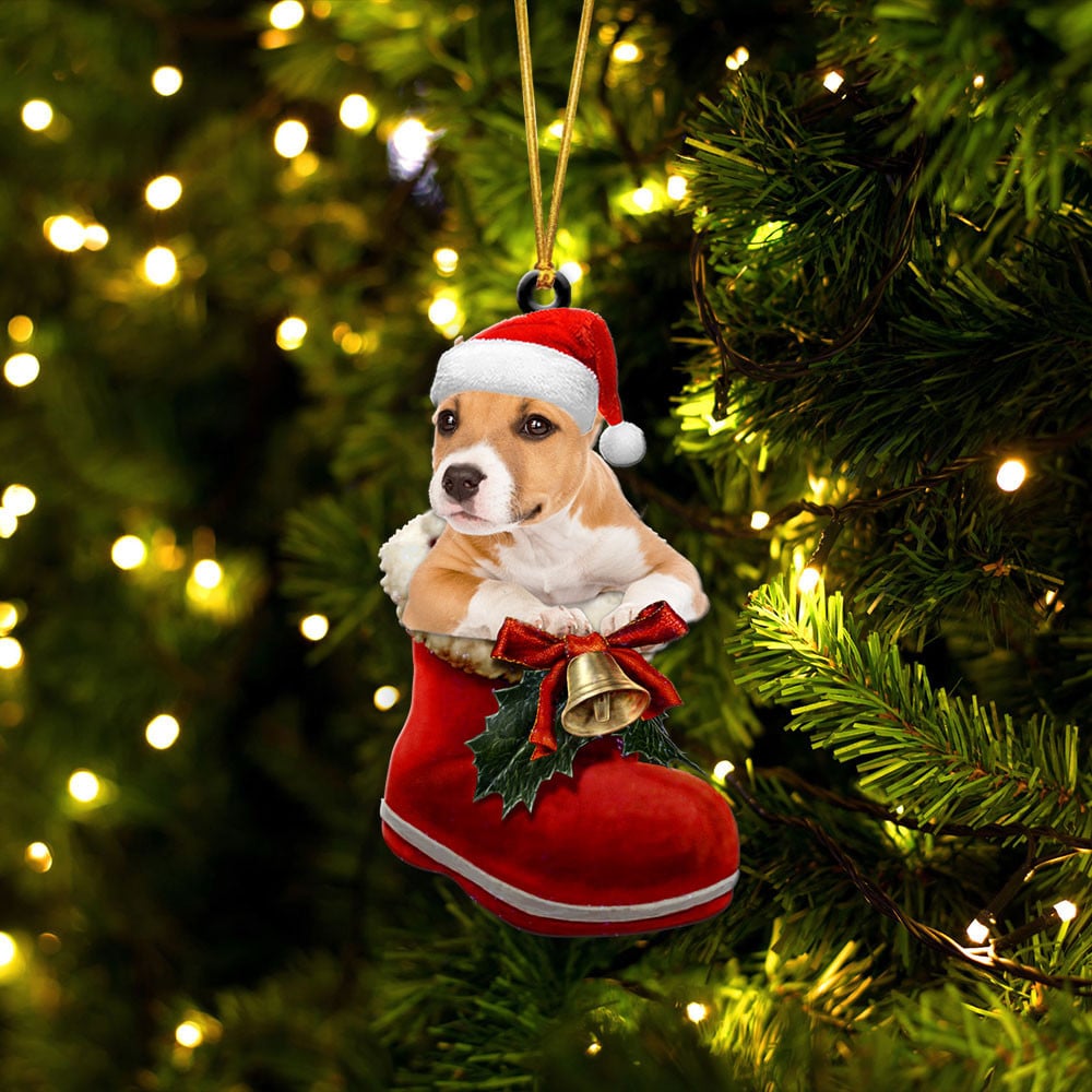 PITBULL-IN SANTA BOOT CHRISTMAS-TWO SIDED ORNAMENT