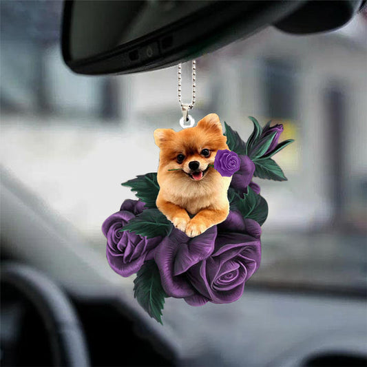 Pomeranian In Purple Rose Car Hanging Ornament