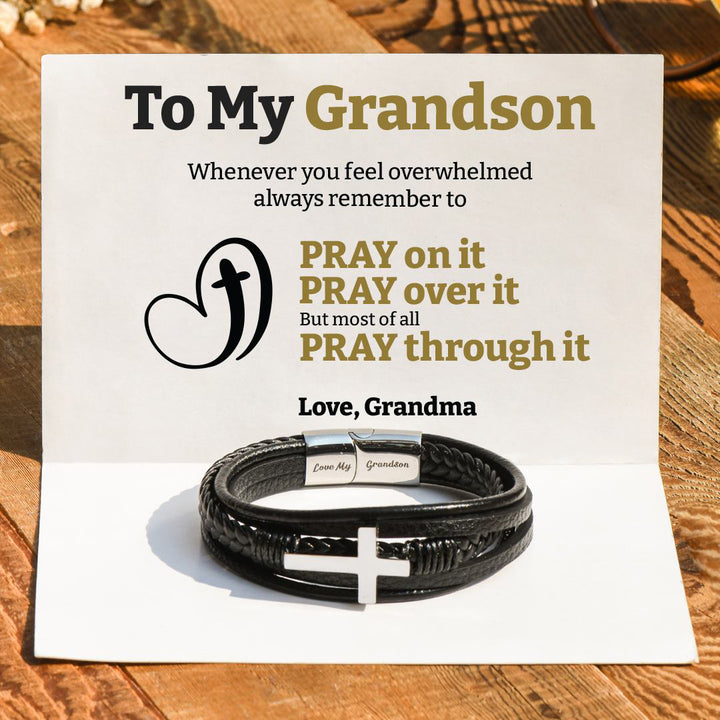 „To My Grandson Pray Through It“-Kreuzarmband aus Leder