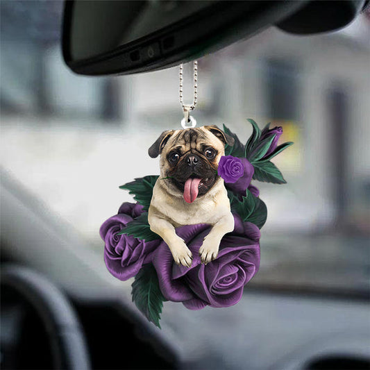 Pug In Purple Rose Car Hanging Ornament