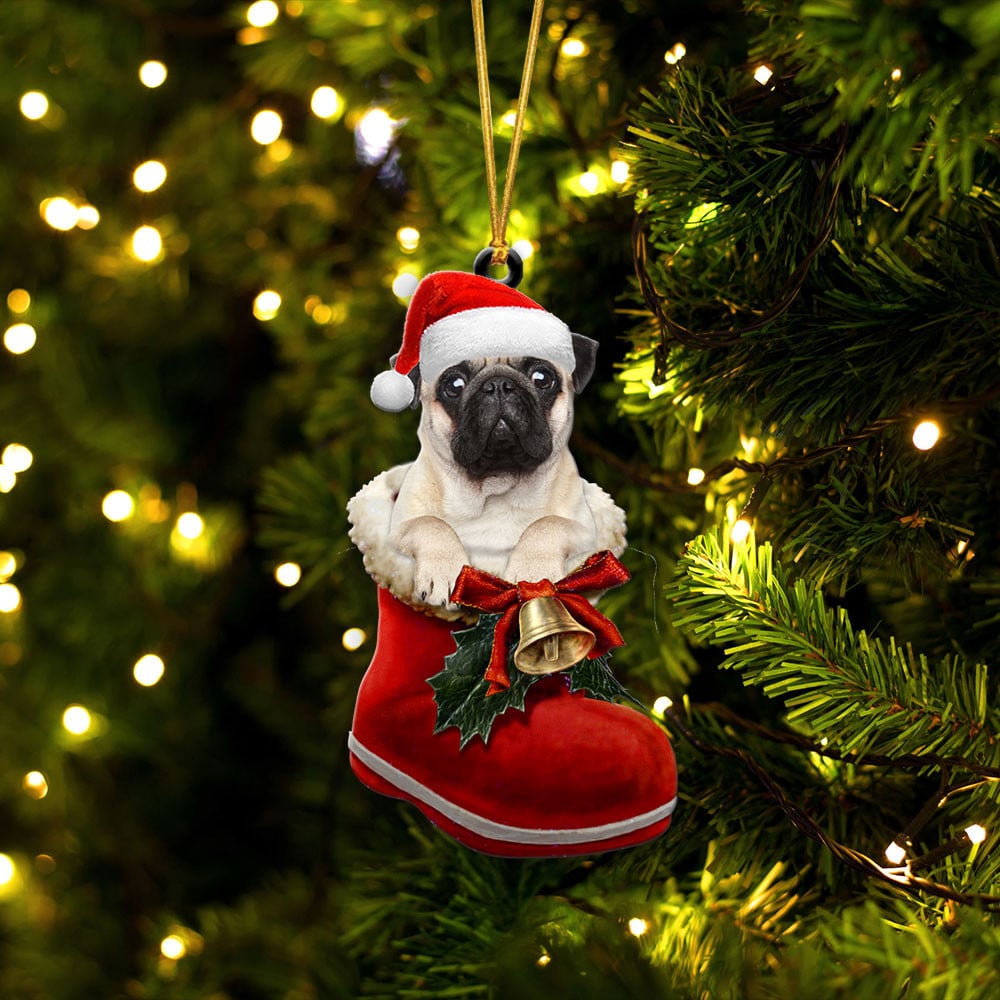 PUG-IN SANTA BOOT CHRISTMAS-TWO SIDED ORNAMENT