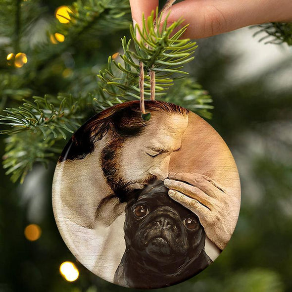 Mops mit Jesus-Porzellan/Keramik-Ornament 