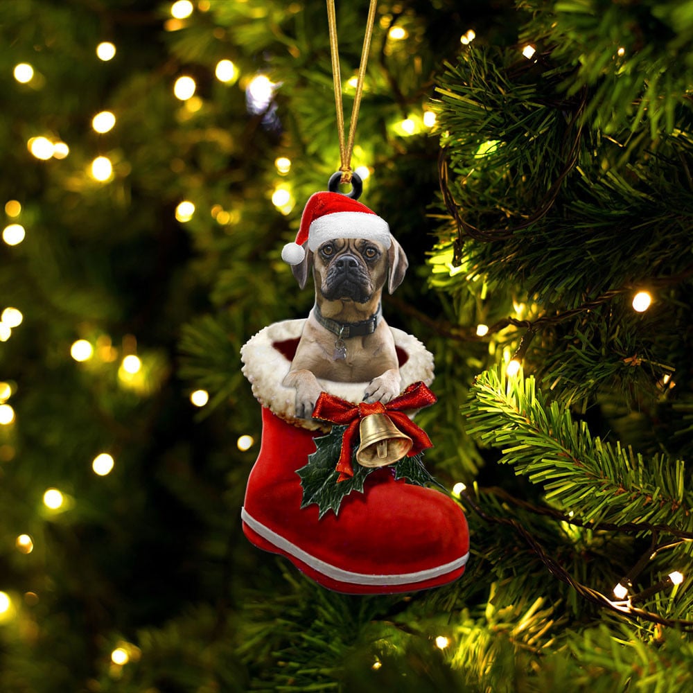 PUGGLE-IN SANTA BOOT NOËL - ORNEMENT DEUX FACE