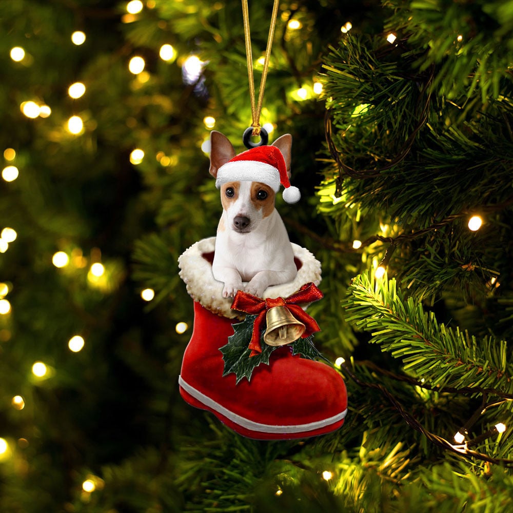 RAT TERRIER-IN SANTA BOOT CHRISTMAS-TWO SIDED ORNAMENT