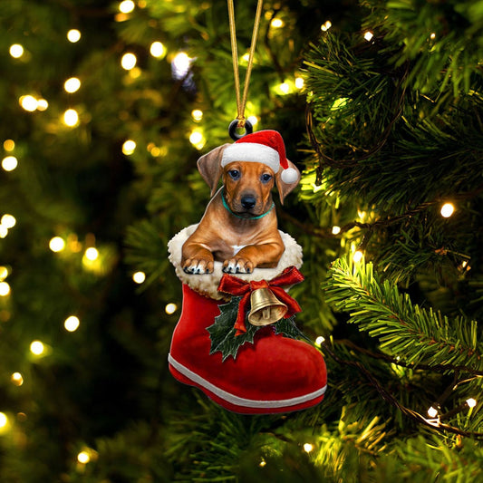 RHODESIAN RIDGEBACK-IN SANTA BOOT CHRISTMAS-TWO SIDED ORNAMENT