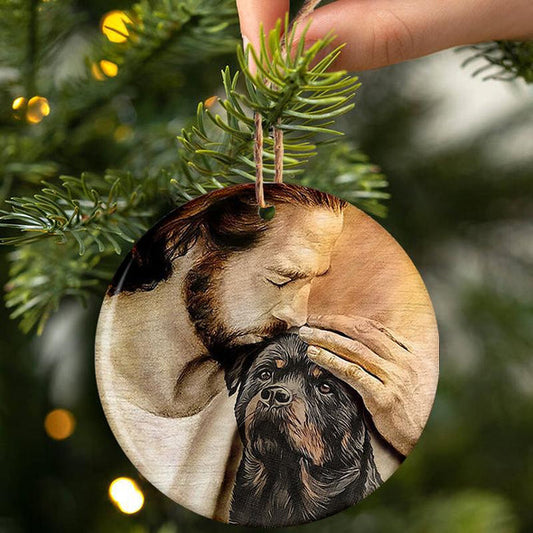 Rottweiler mit Jesus-Porzellan/Keramik-Ornament 