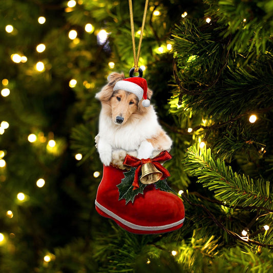 ROUGH COLLIE-IN SANTA BOOT CHRISTMAS-TWO SIDED ORNAMENT