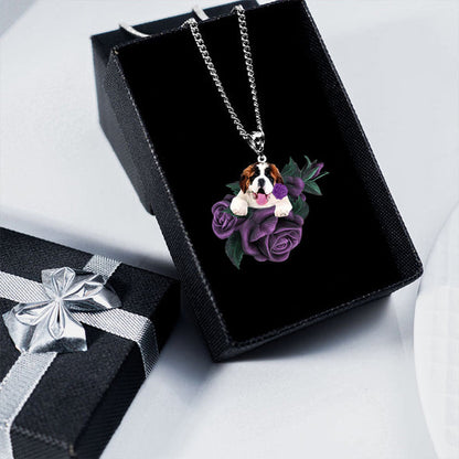 Saint Bernard In Purple Rose Stainless Steel Necklace