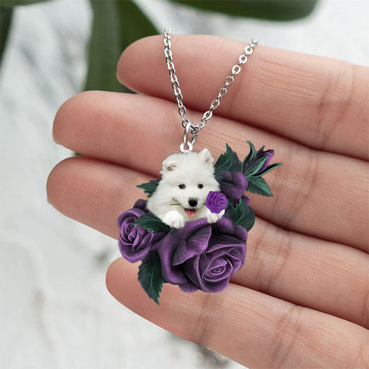 Samoyed In Purple Rose Stainless Steel Necklace