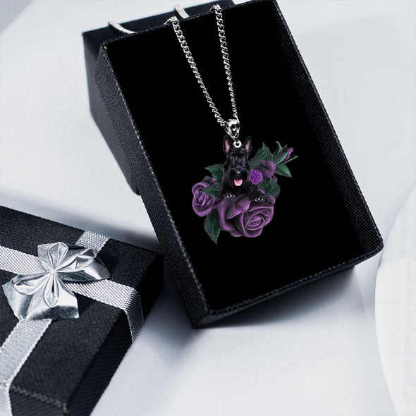 Scottish Terrier In Purple Rose Stainless Steel Necklace