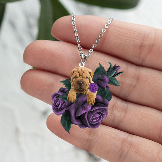 Shar Pei In Purple Rose Stainless Steel Necklace