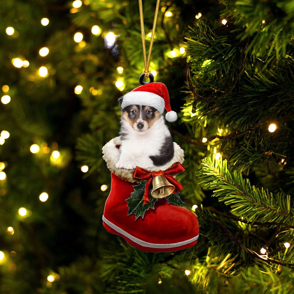 SHETLAND SHEEPDOG-IN SANTA BOOT CHRISTMAS-TWO SIDED ORNAMENT