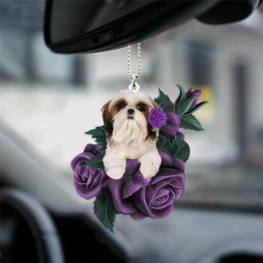 Shih Tzu 2 In Purple Rose Car Hanging Ornament