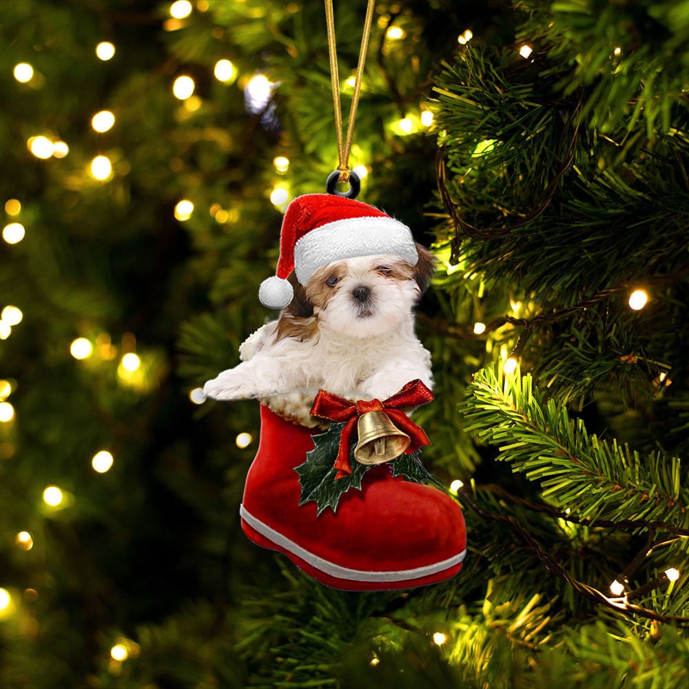 SHIH TZU-IN SANTA BOOT CHRISTMAS-TWO SIDED ORNAMENT