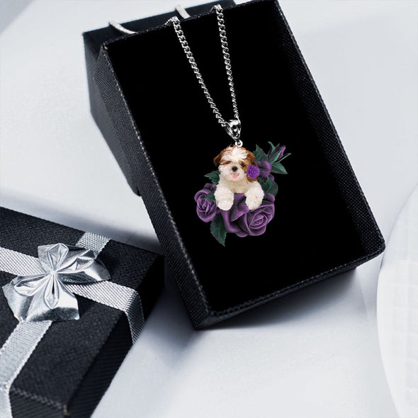 Shih Tzu In Purple Rose Stainless Steel Necklace