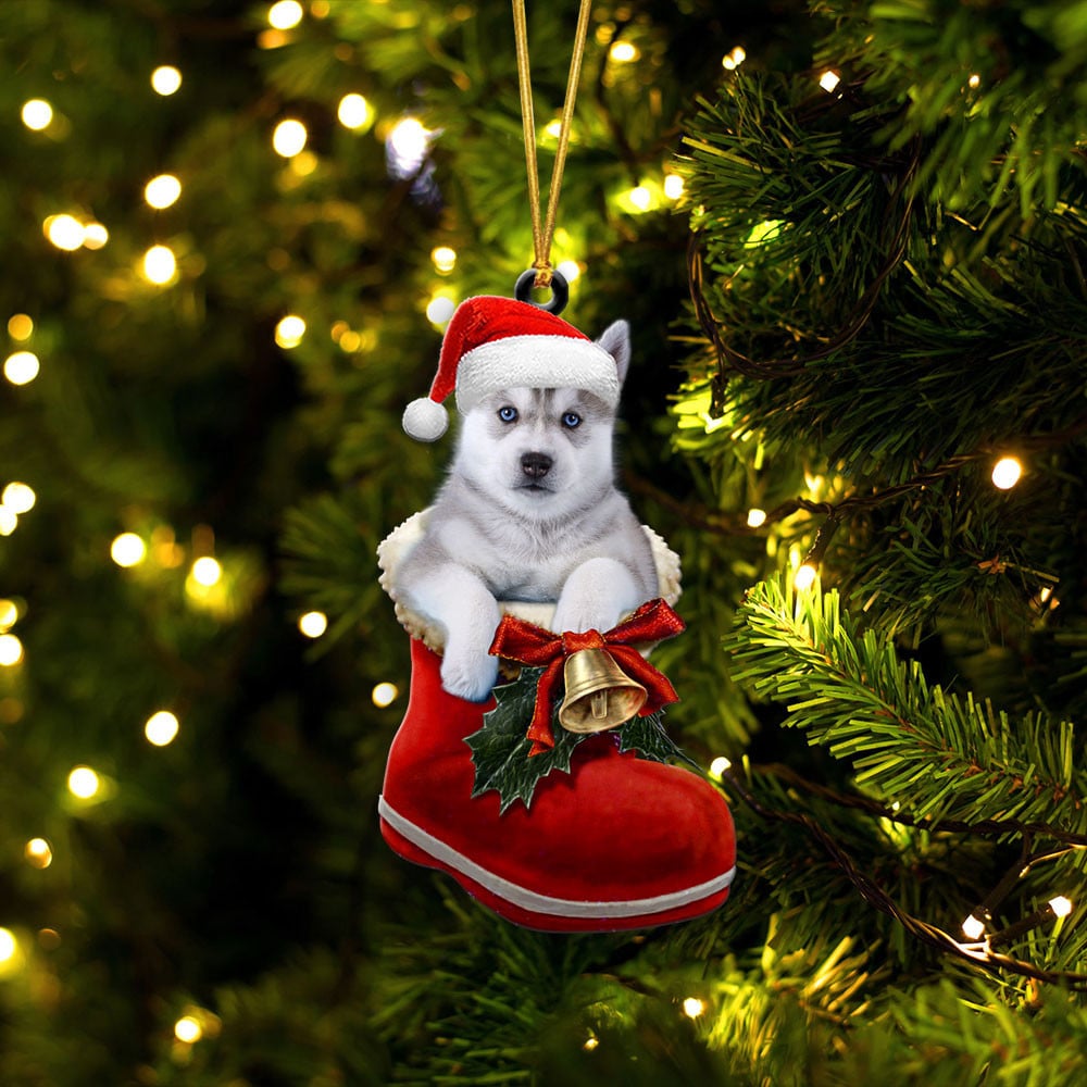 SIBERIAN HUSKY-IN SANTA BOOT CHRISTMAS-TWO SIDED ORNAMENT