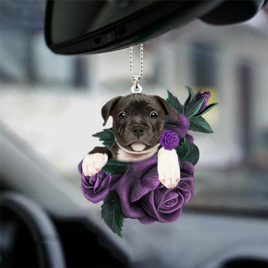 Ornement suspendu de voiture Staffordshire Bull Terrier07 en rose violette