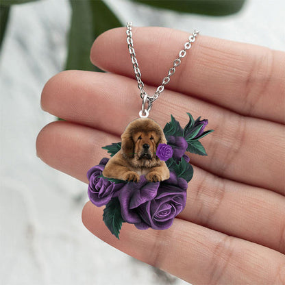 Tibetan Mastiff In Purple Rose Stainless Steel Necklace