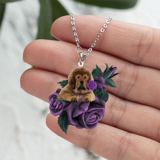 Collier en acier inoxydable Dogue tibétain en rose violette