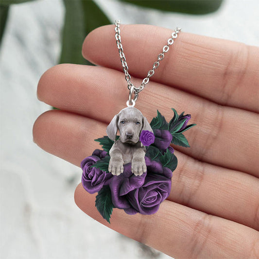 Weimaraner02 In Purple Rose Stainless Steel Necklace