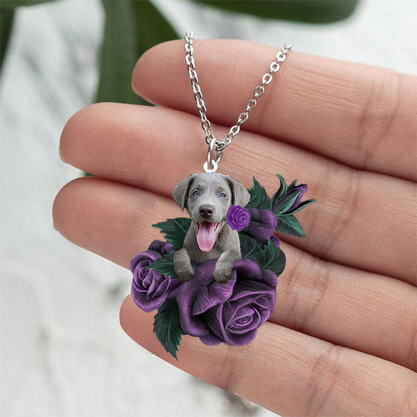 Weimaraner In Purple Rose Stainless Steel Necklace